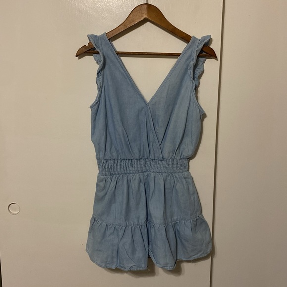 "New In" Surplice Ruffle Romper in Blue Denim Wash - Picture 7 of 13